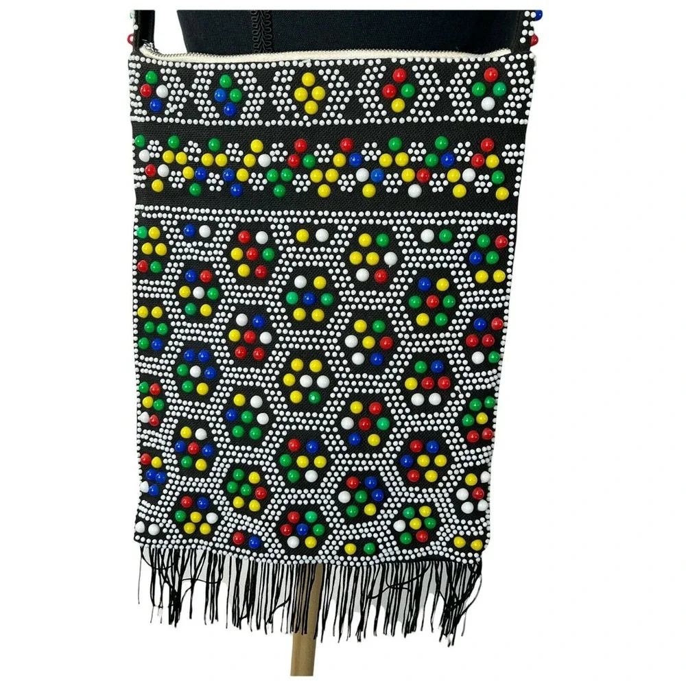Vintage  Womens 1960 Color Candy Dot Beaded Black Boho Shoulder Bag Retro Fringe